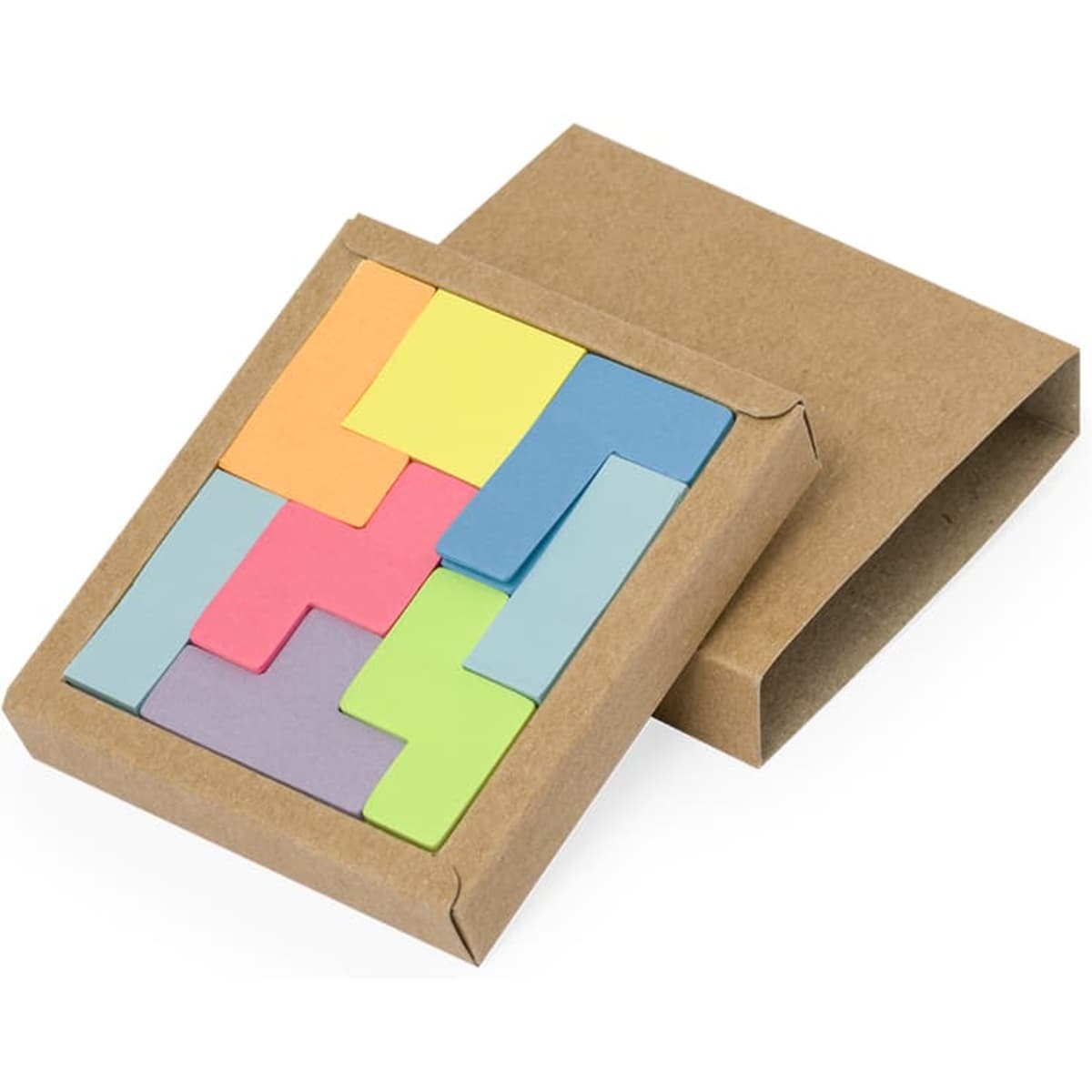 A set of colourful sticky notes in various shapes and sizes, packaged in a brown cardboard box.
