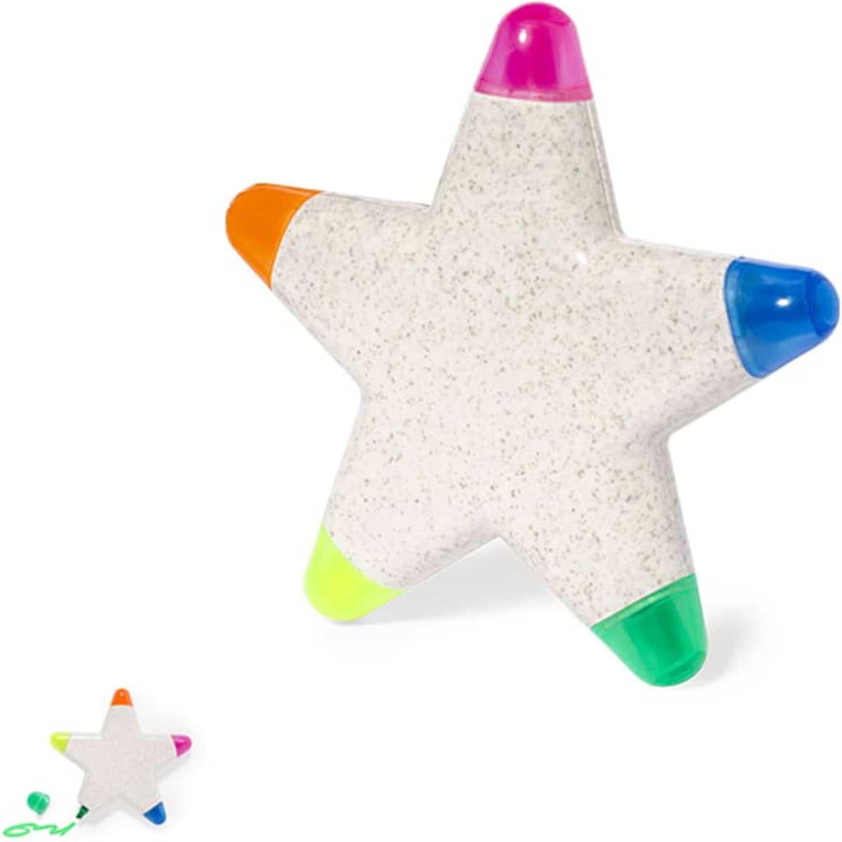A star-shaped highlighter featuring four ends in pink, blue, orange, and green, with a white body and a logo.