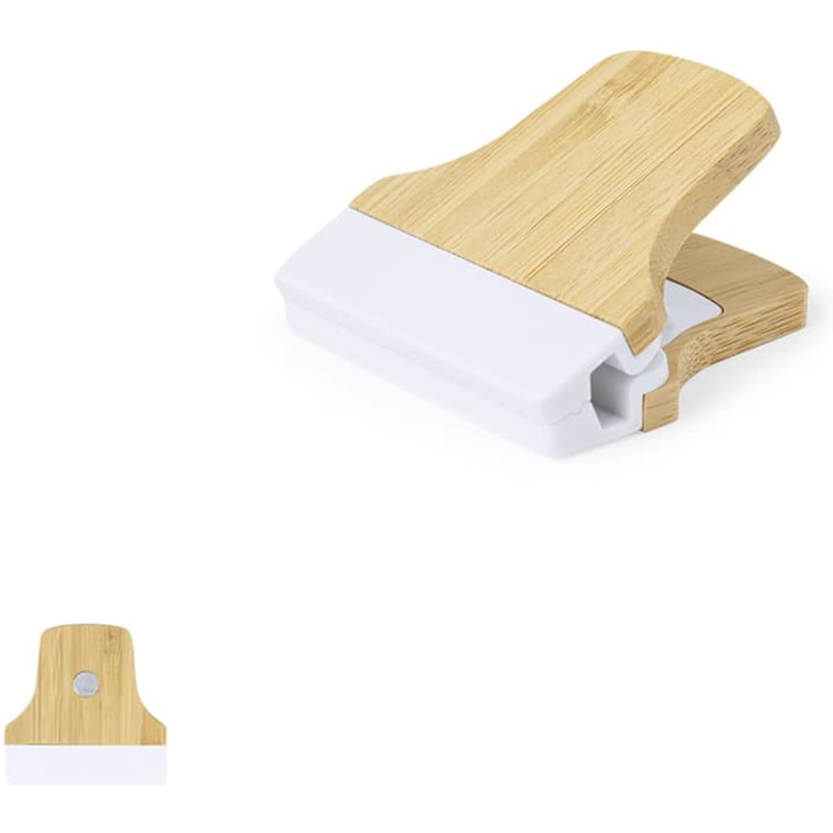 A bamboo clip with a white plastic base, designed for office use. It features a simple, modern design.