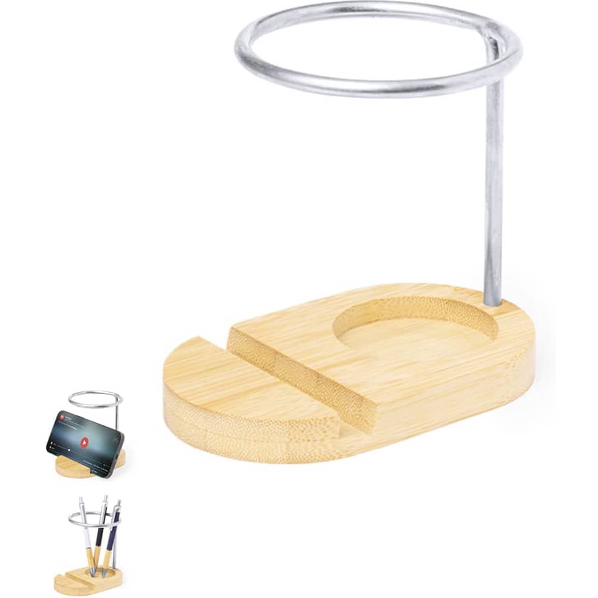 A bamboo desk organiser featuring a metal ring holder, designed for pens and a phone.