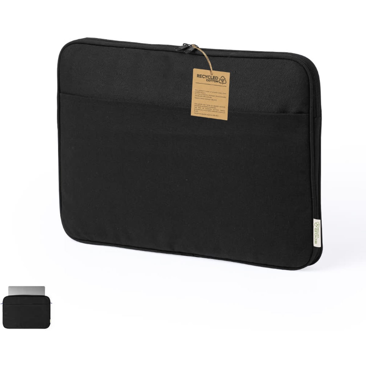 A black laptop pouch featuring a zip closure and a front pocket, with a tag attached.