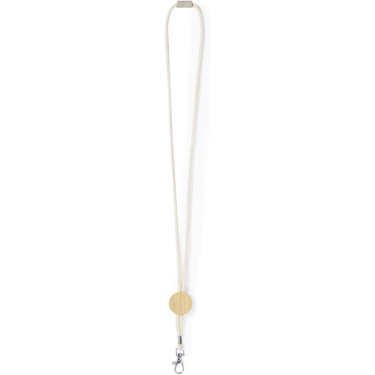 A cream lanyard with a circular attachment and a metal clip at the end. It features a branding logo.