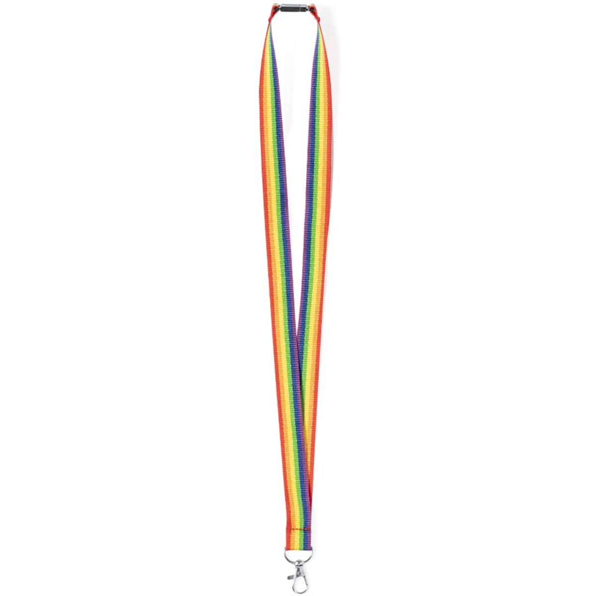 A rainbow-coloured lanyard with a clip and a branding logo, designed for exhibitions and events.
