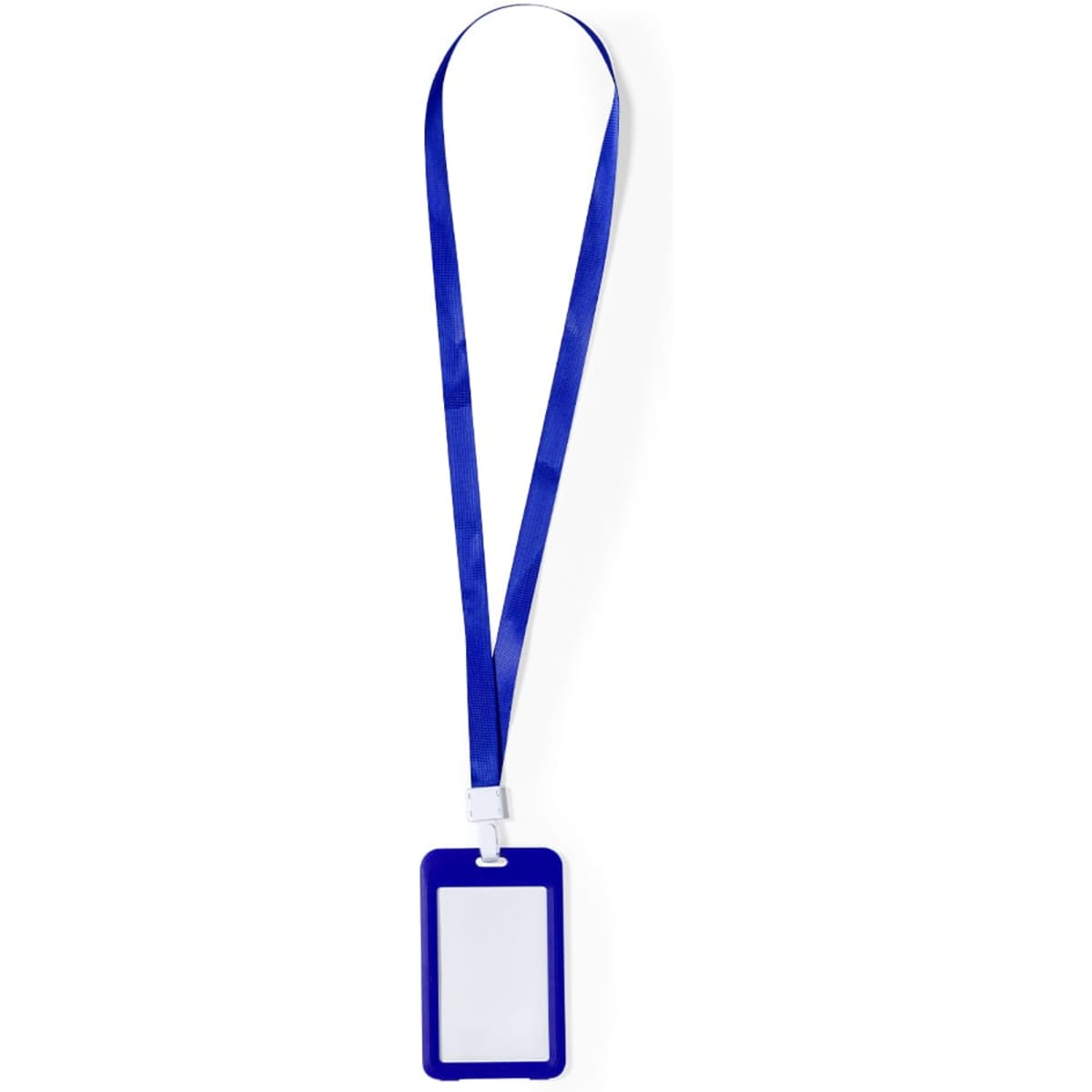 A blue lanyard with a smooth finish and a transparent ID holder attached.