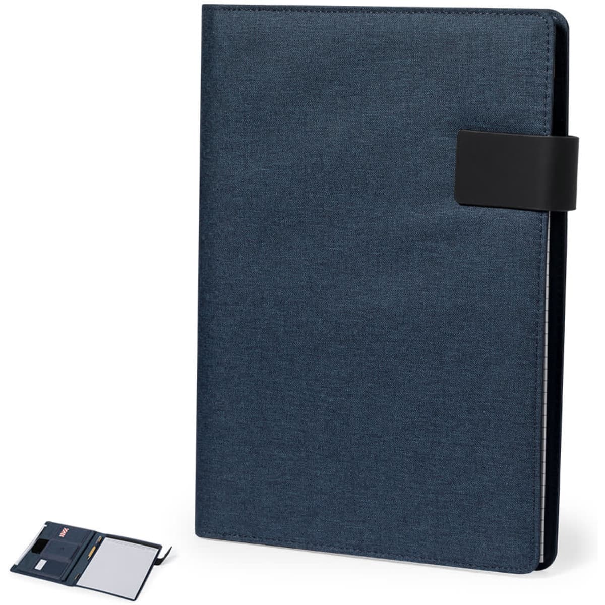 A dark blue folder with a black strap, accompanied by a small notepad. It features a logo.