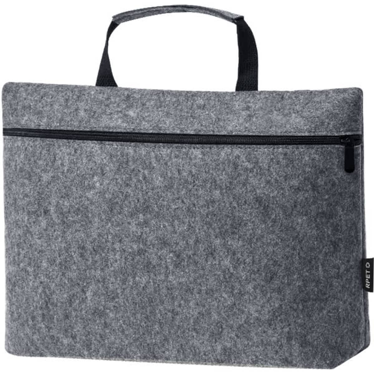 A grey laptop bag with a zip closure and a sturdy handle, featuring a branding logo.