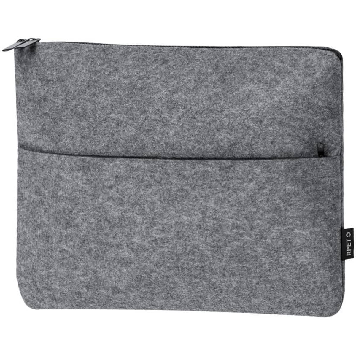 A grey laptop pouch featuring a front pocket and a logo. Made from a soft, felt-like material.