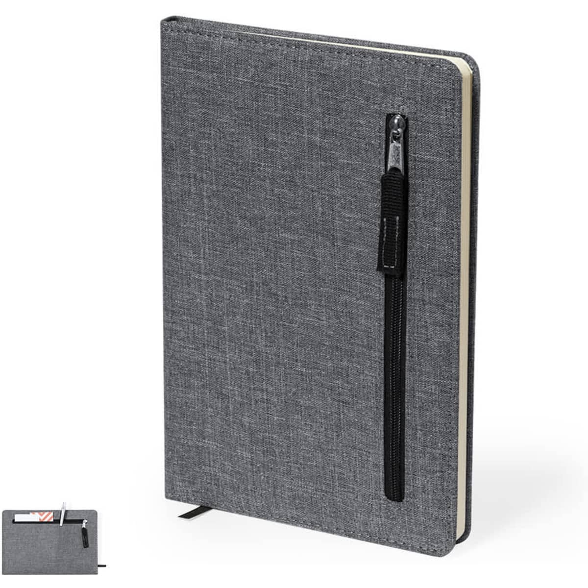 A grey notebook with a textured cover and a black zipper pocket on the side, featuring a black ribbon bookmark.
