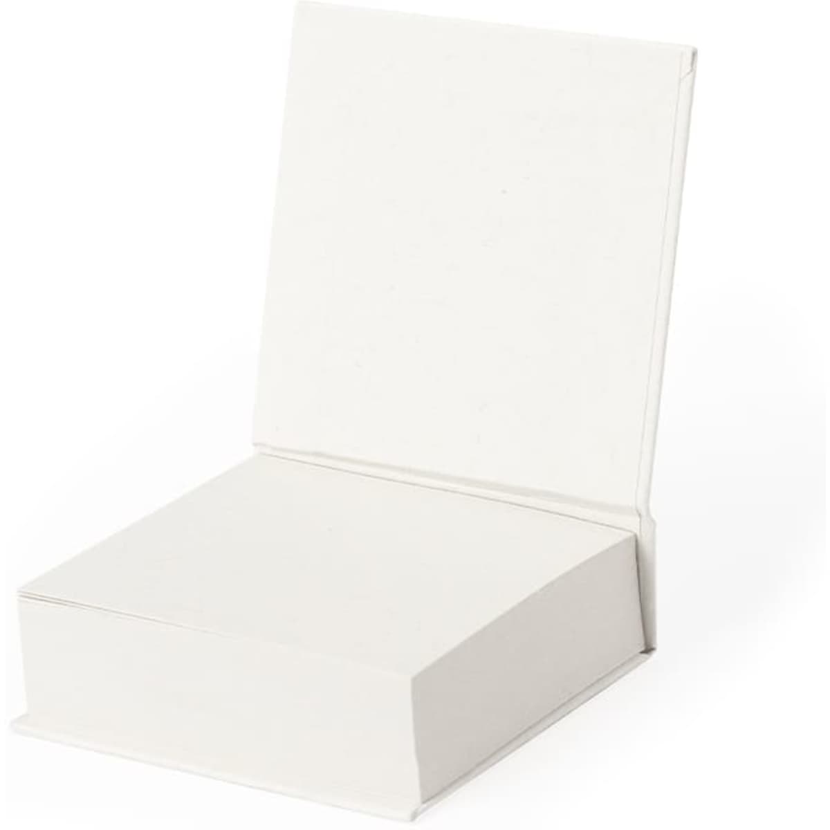 A white notepad with a blank cover, opened to reveal empty pages, featuring a simple design without any branding.