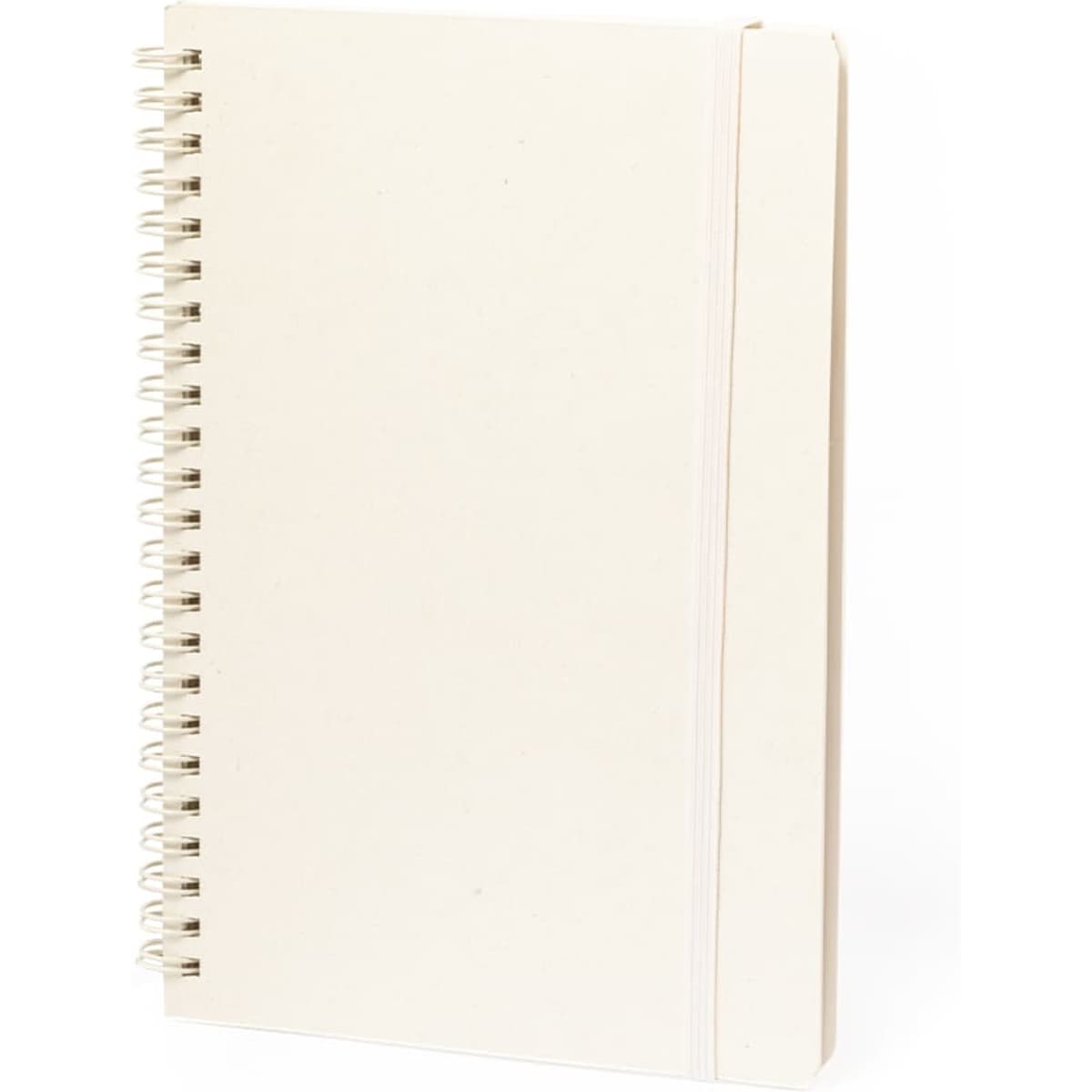 A spiral-bound notebook in cream colour with a smooth cover and an elastic band. It features a logo on the front.
