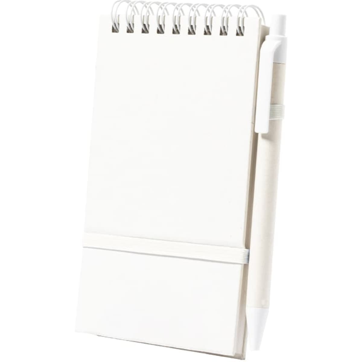 A white spiral-bound notebook with a pen attached, featuring a sleek design and an elastic band.