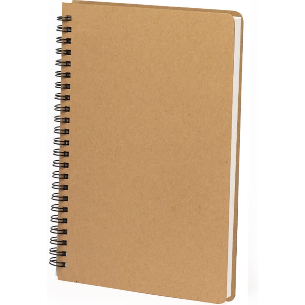 A brown spiral-bound notebook with a plain cover and white pages. Features a simple design and a logo.