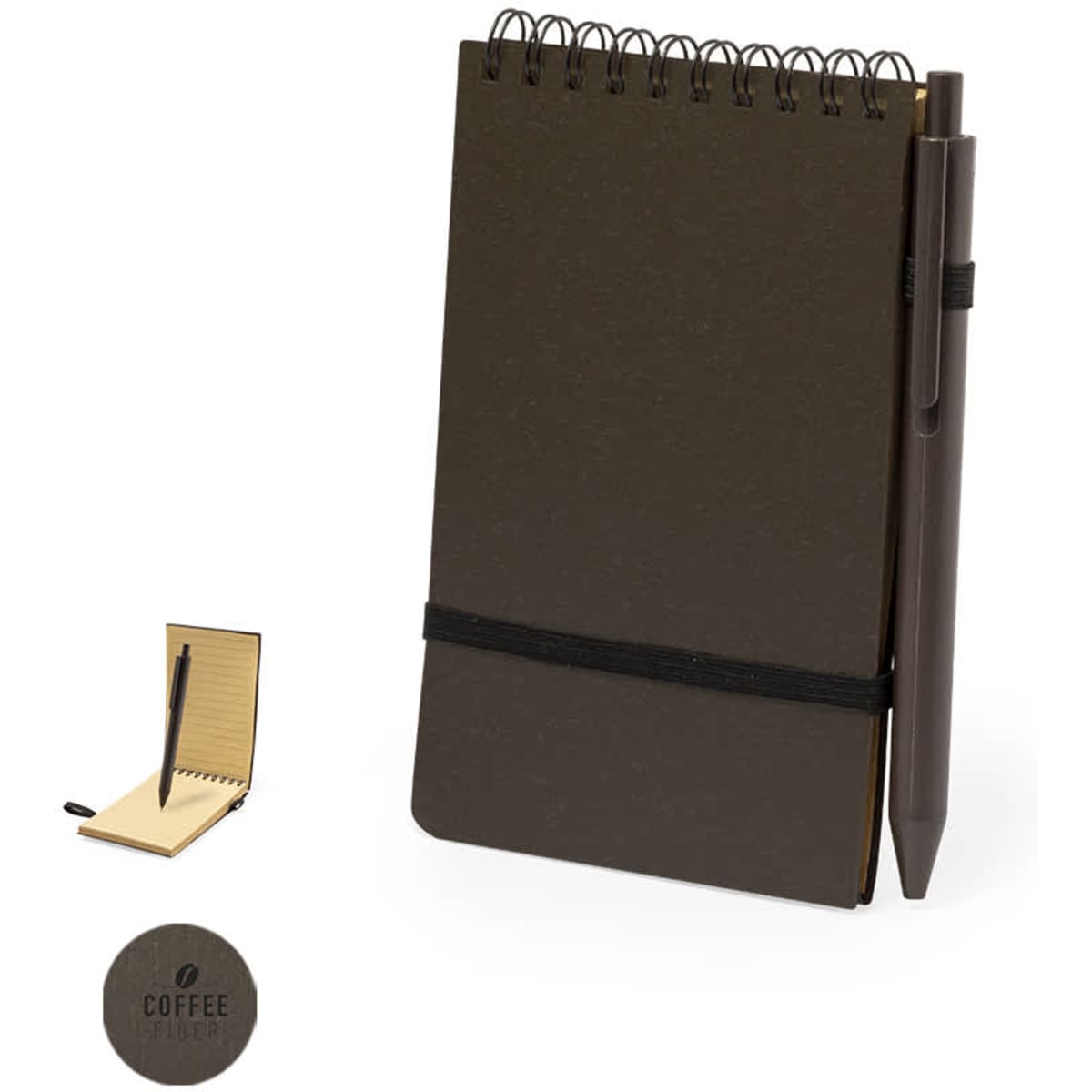 A brown notebook with a spiral binding and a matching pen attached, featuring an elastic band.