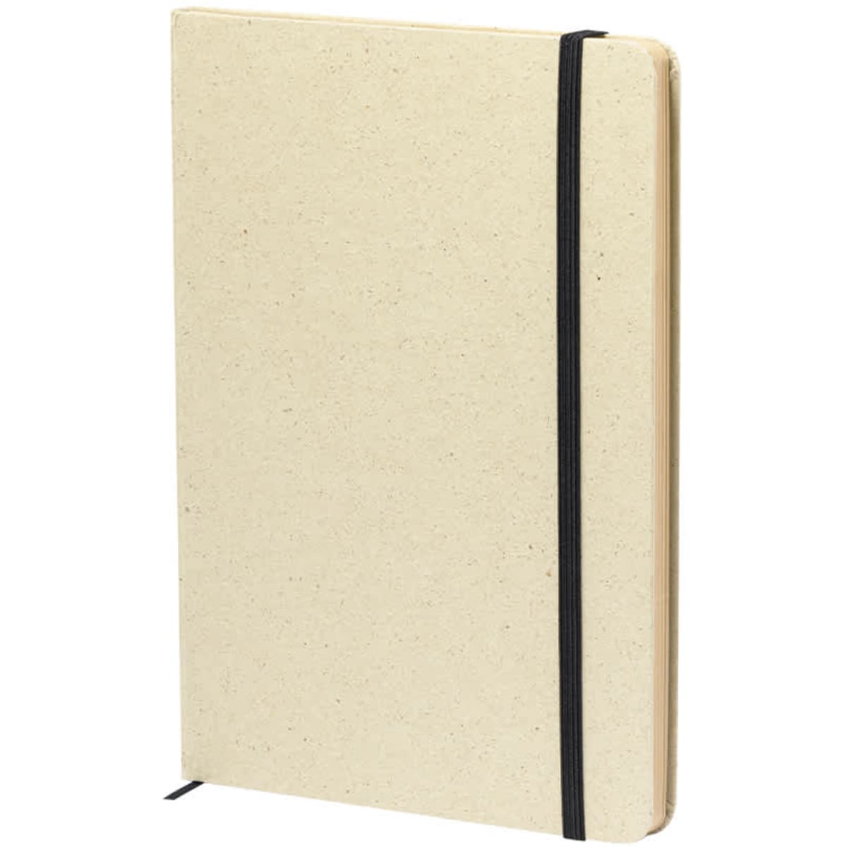 A beige notebook with a black elastic band, featuring a textured cover and a simple design.