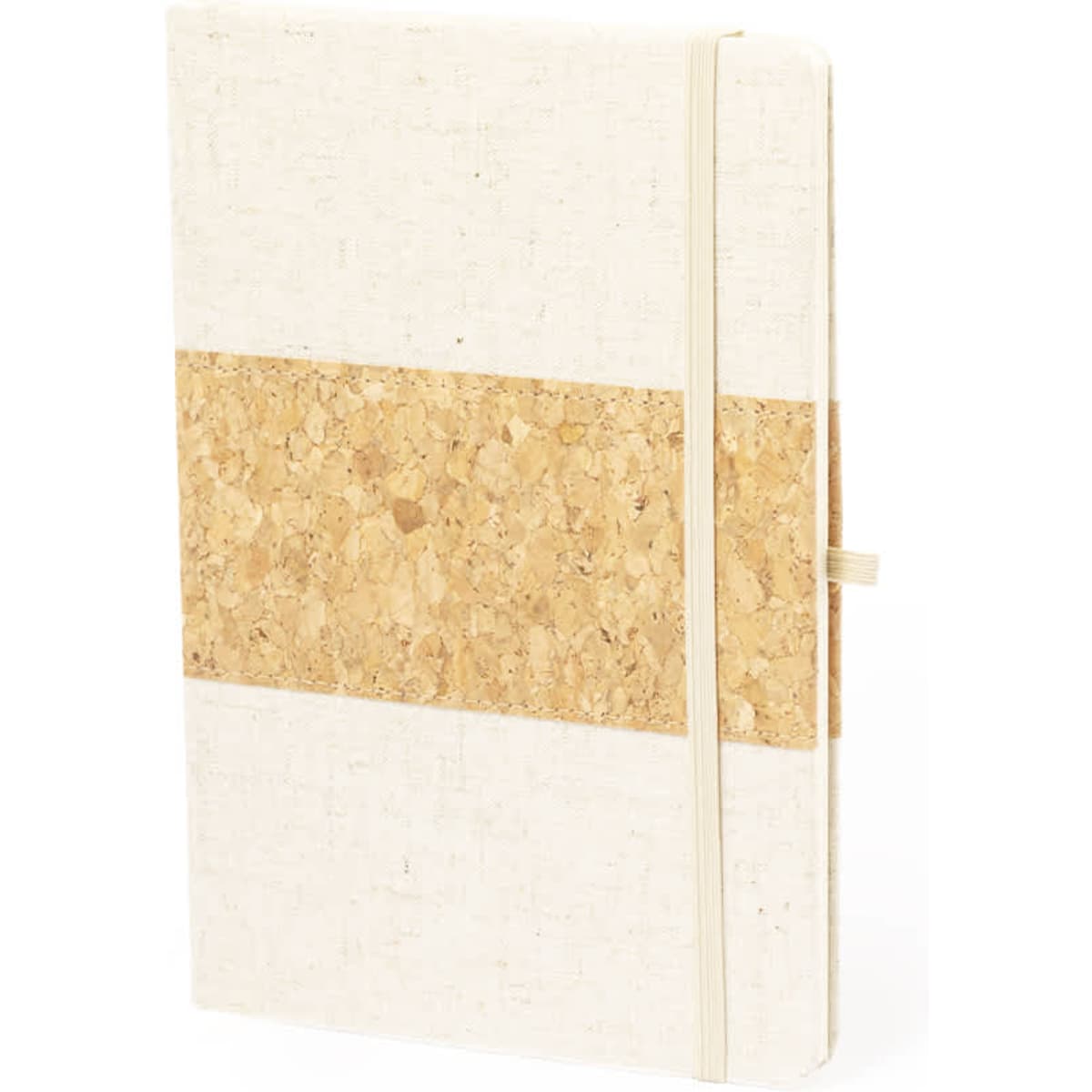 A notebook with a cream cover and a cork band, secured with an elastic band, featuring a logo.