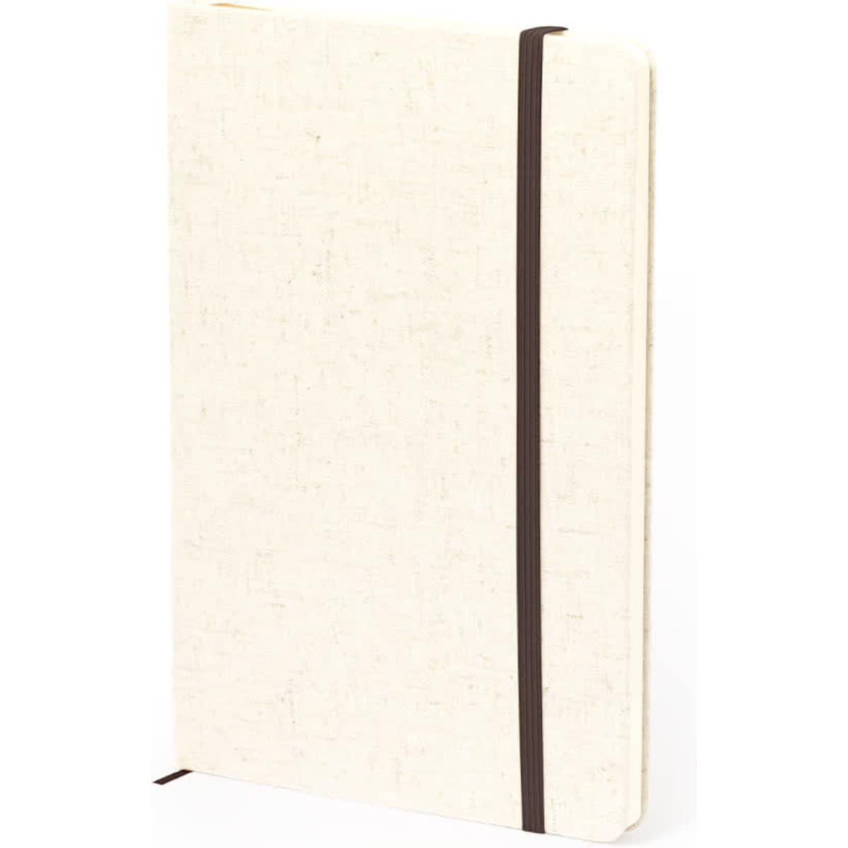 A cream-coloured notebook with a brown elastic band and textured cover, featuring a logo on the front.