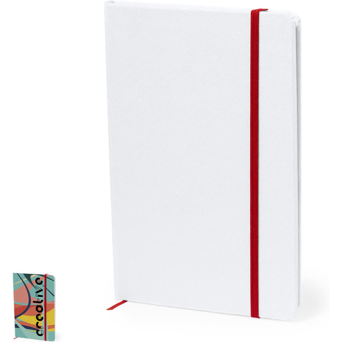 A white notebook with a red elastic band closure and a colourful design on a smaller notebook beside it.