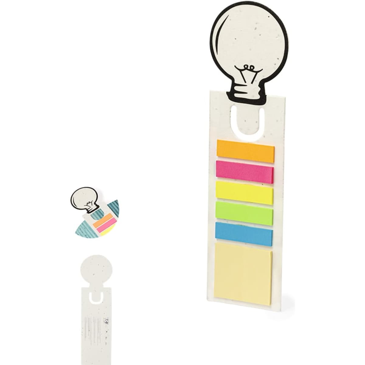 A sticky note holder with a light bulb design, featuring assorted sticky notes in bright colours. It includes a branding logo.