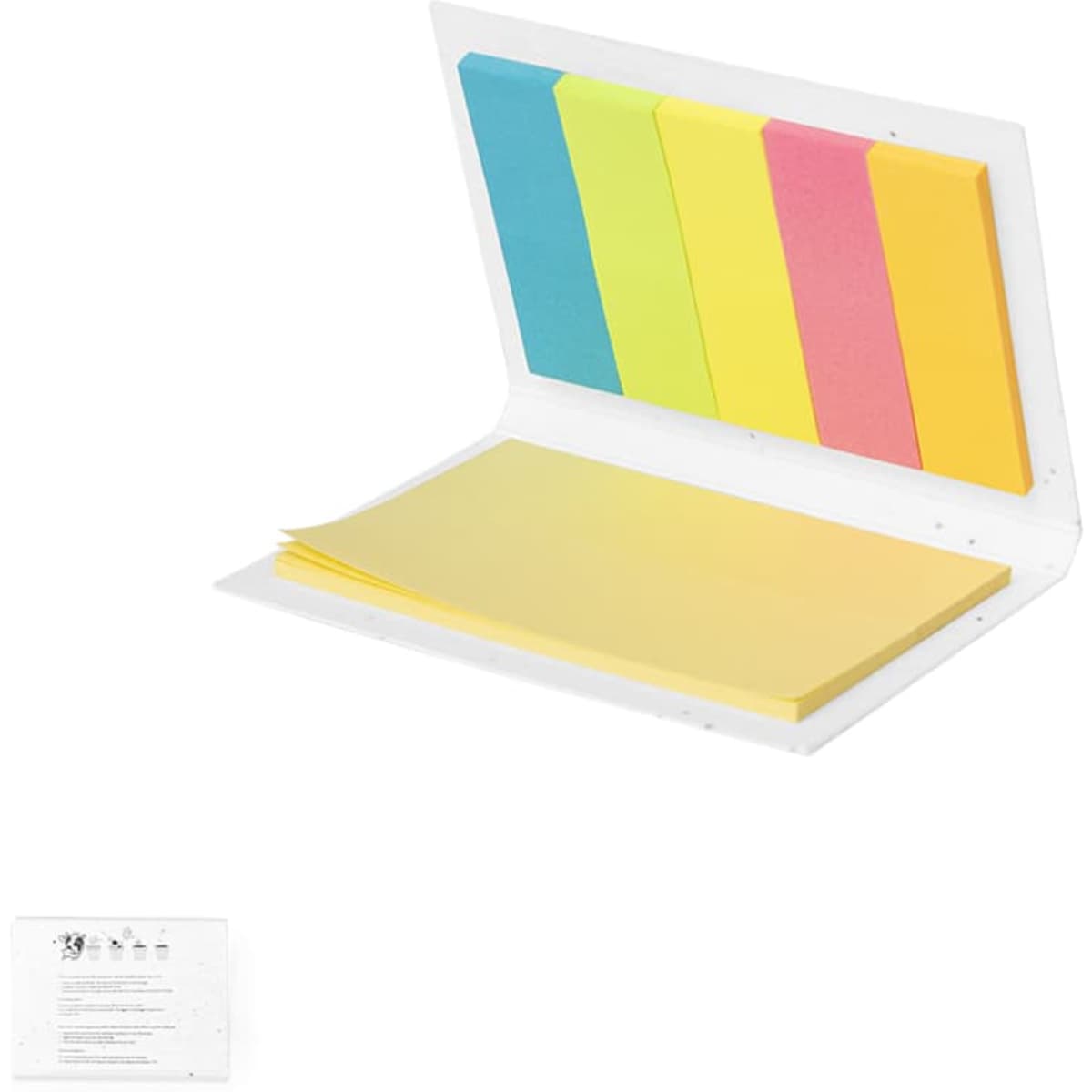A notebook with sticky notes in bright blue, green, yellow, and pink, featuring a white cover and a stack of yellow paper.