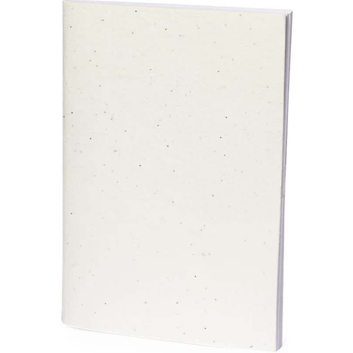 A white notebook with a speckled texture, featuring a simple design and a visible logo.