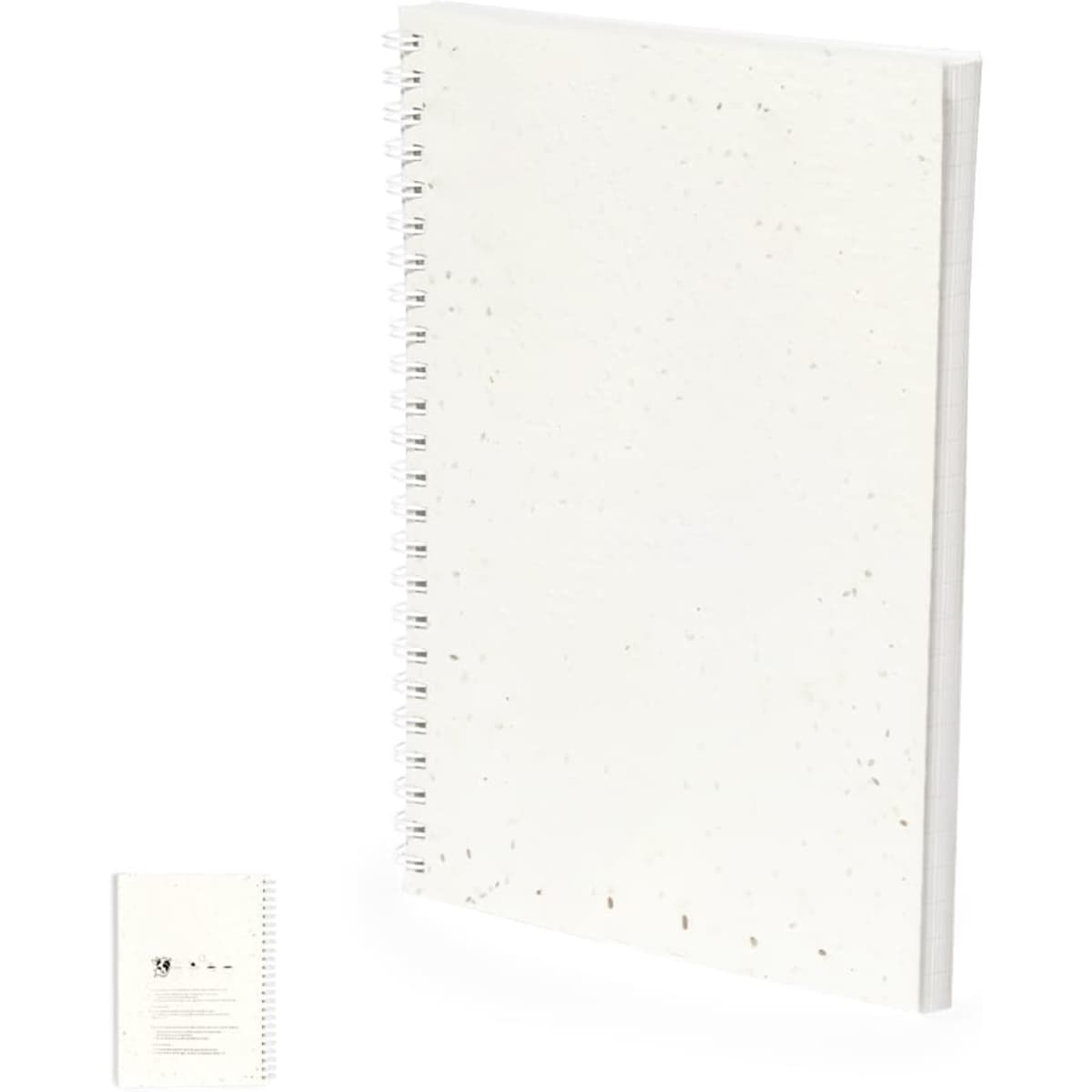 A white spiral-bound notebook with speckles on the cover, displayed alongside a smaller version.