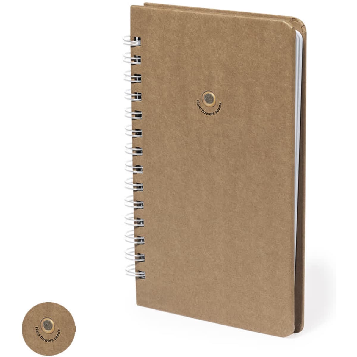 A brown spiral-bound notebook with a circular logo on the cover, featuring blank pages inside.