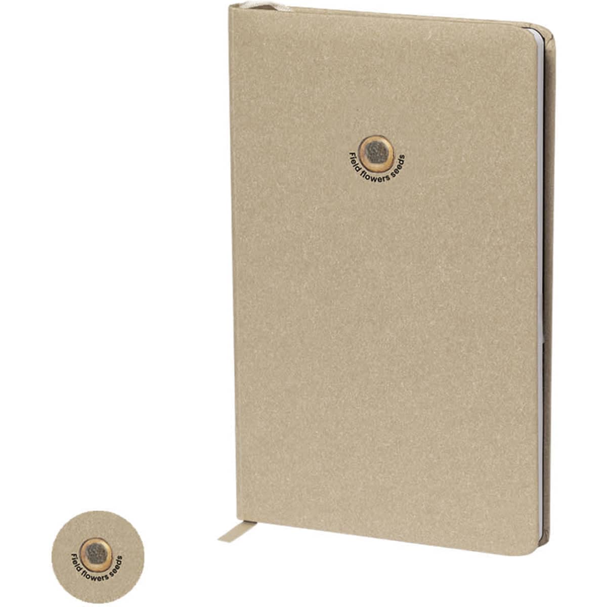 A tan notebook with a circular logo on the front cover and a ribbon bookmark.