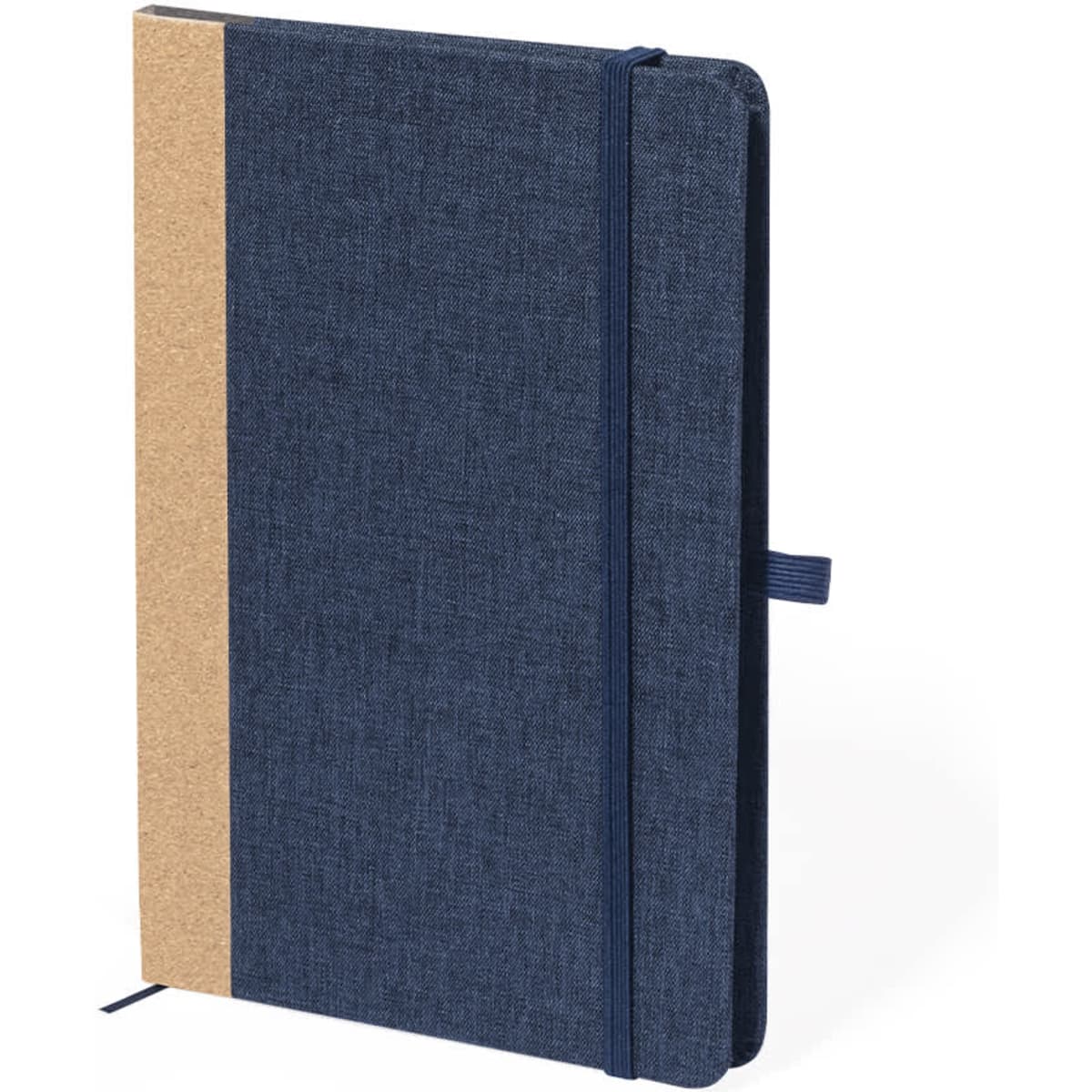 A navy blue notebook with a cork spine and an elastic band, featuring a ribbon bookmark and branding.