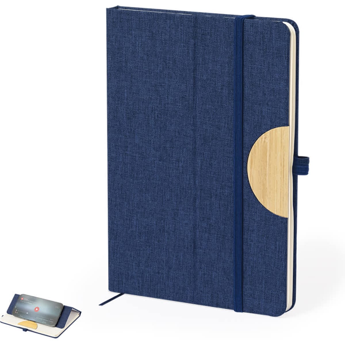 A navy blue notebook with a wooden accent, featuring an elastic band and a bookmark ribbon. It has a logo on the cover.