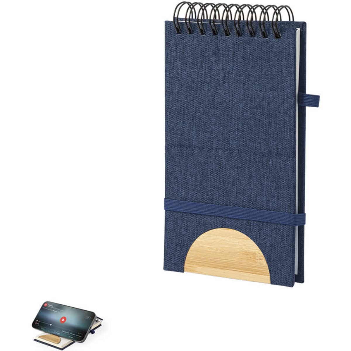 A navy blue spiral-bound notebook with a bamboo accent and an elastic strap. It features a logo.