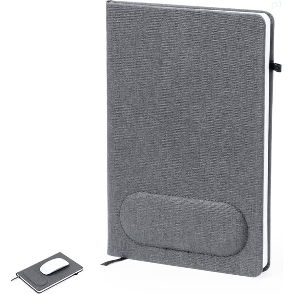 A grey notebook with a textured cover and a magnetic closure, accompanied by a small cardholder.