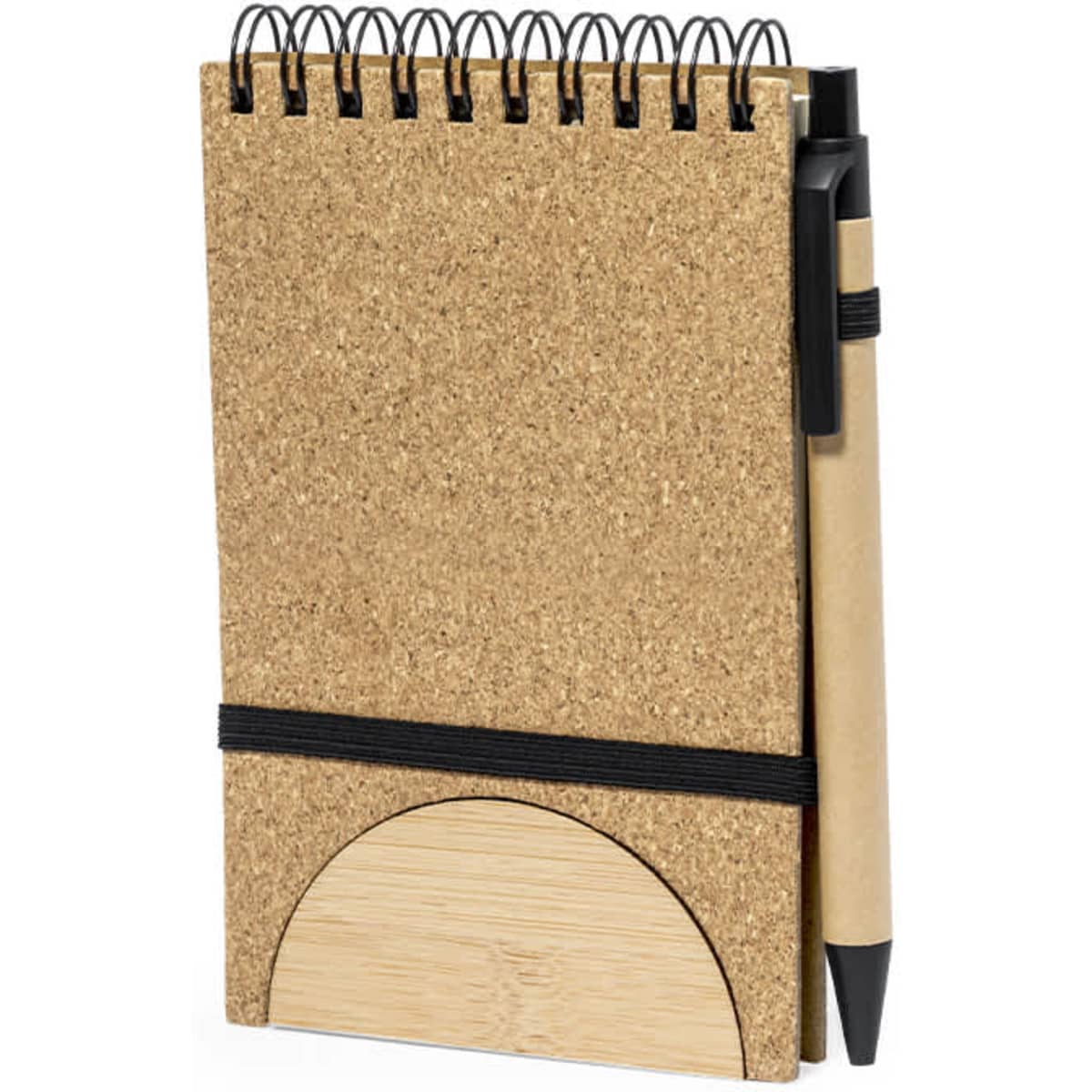 A cork notebook with a spiral binding, featuring a black elastic band and a pen attached. The notebook has a wooden base.