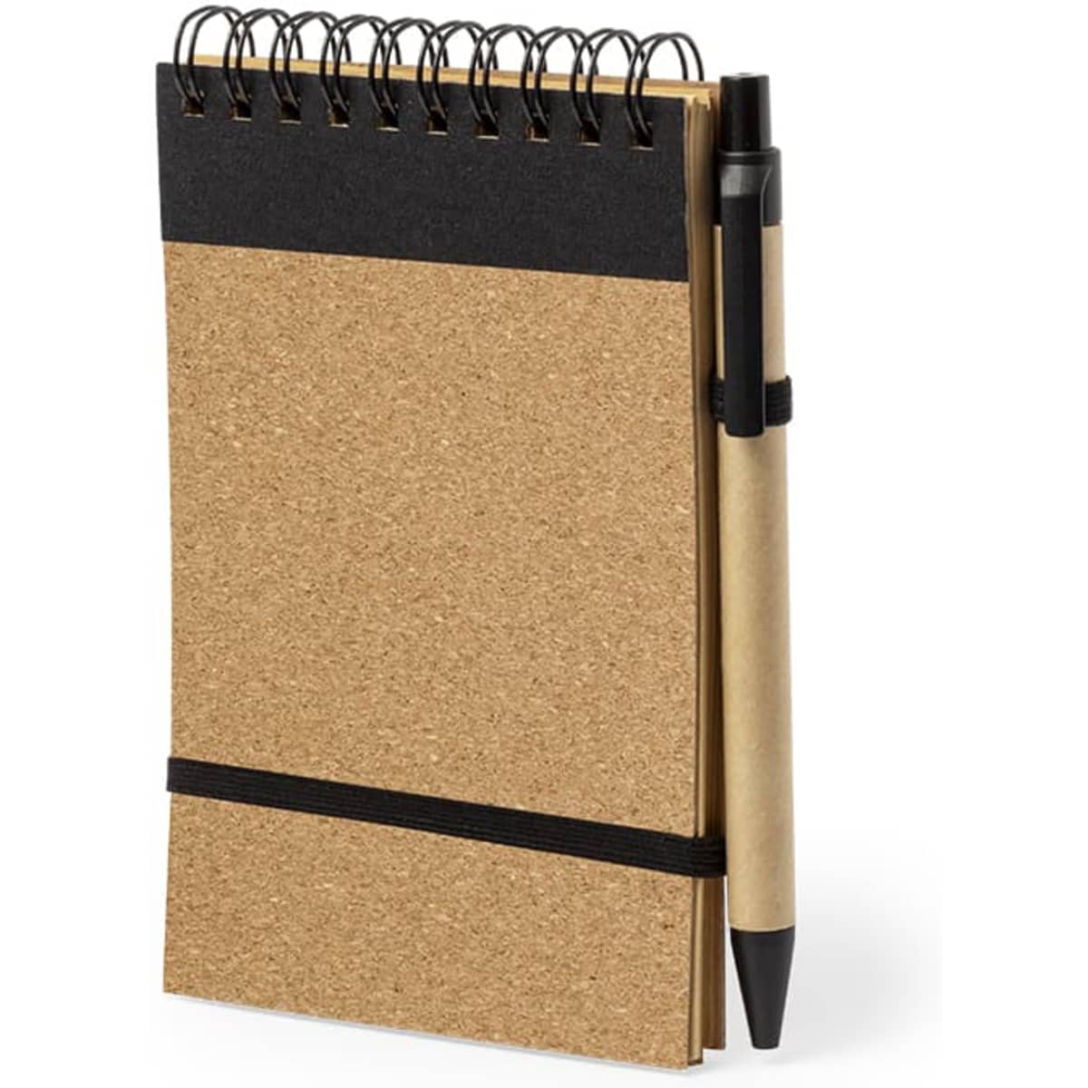 A cork-covered notebook with a black spiral binding and a black pen secured by an elastic band.