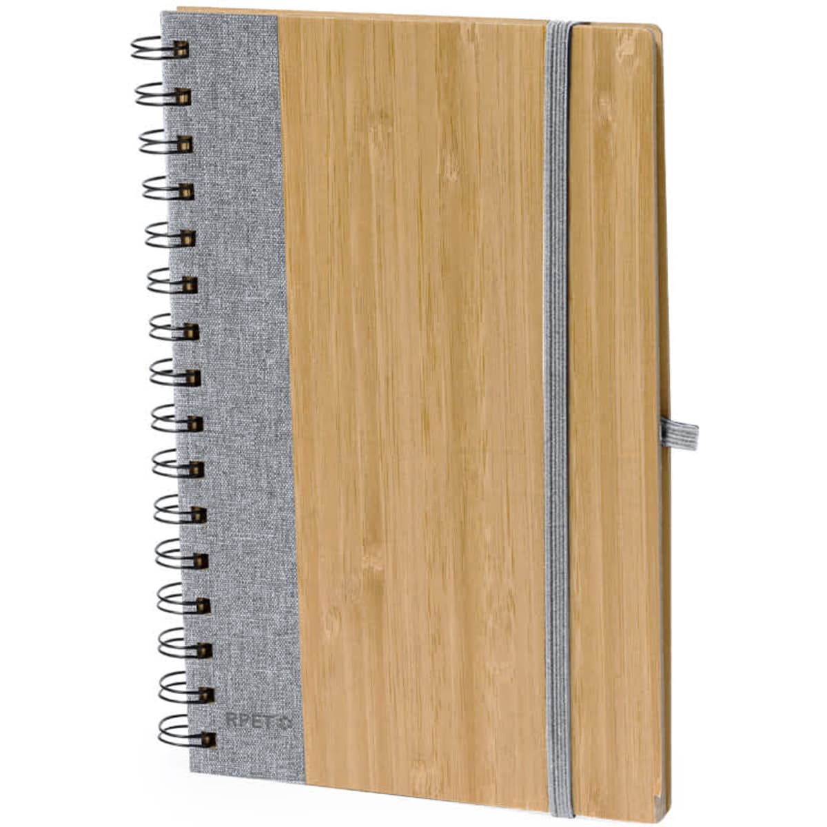 A bamboo notebook with a grey fabric side, featuring spiral binding and an elastic closure.