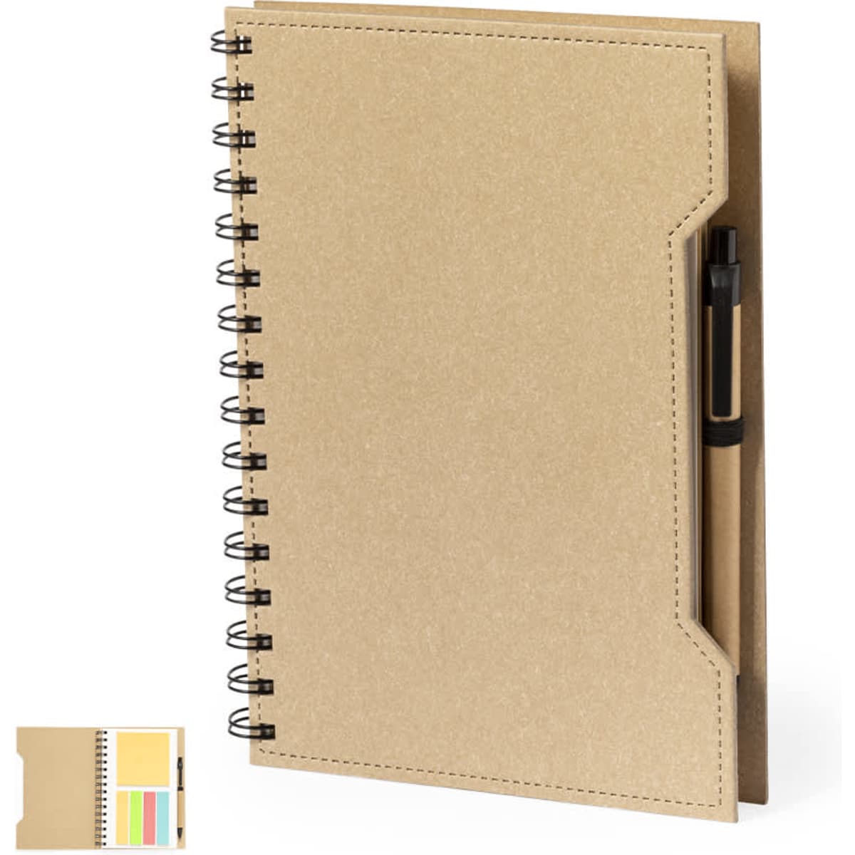 A brown spiral-bound notebook with a pen holder and a pocket for sticky notes on the front cover.