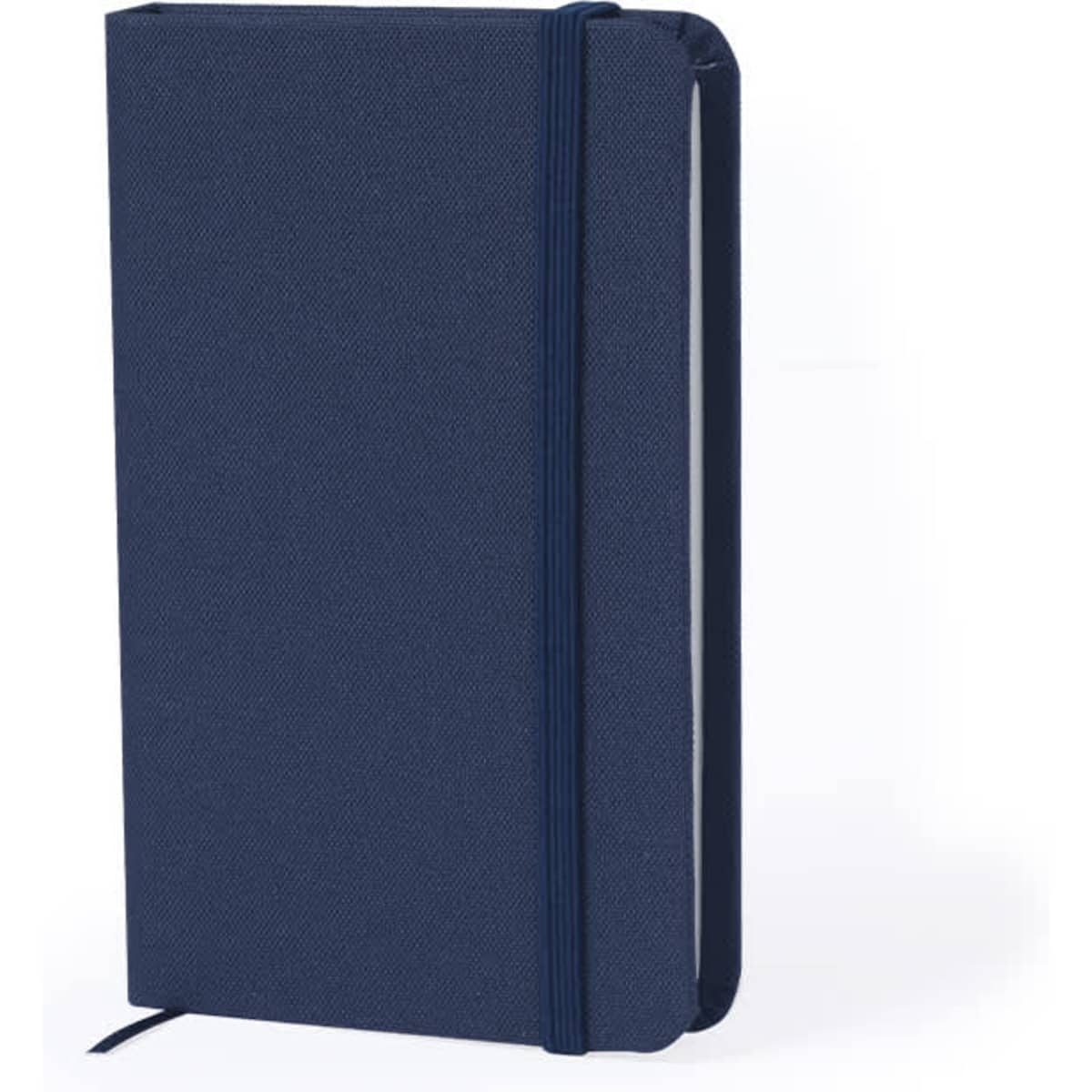 A navy blue notebook featuring a textured cover, a ribbon bookmark, and an elastic closure. It has a logo on the cover.