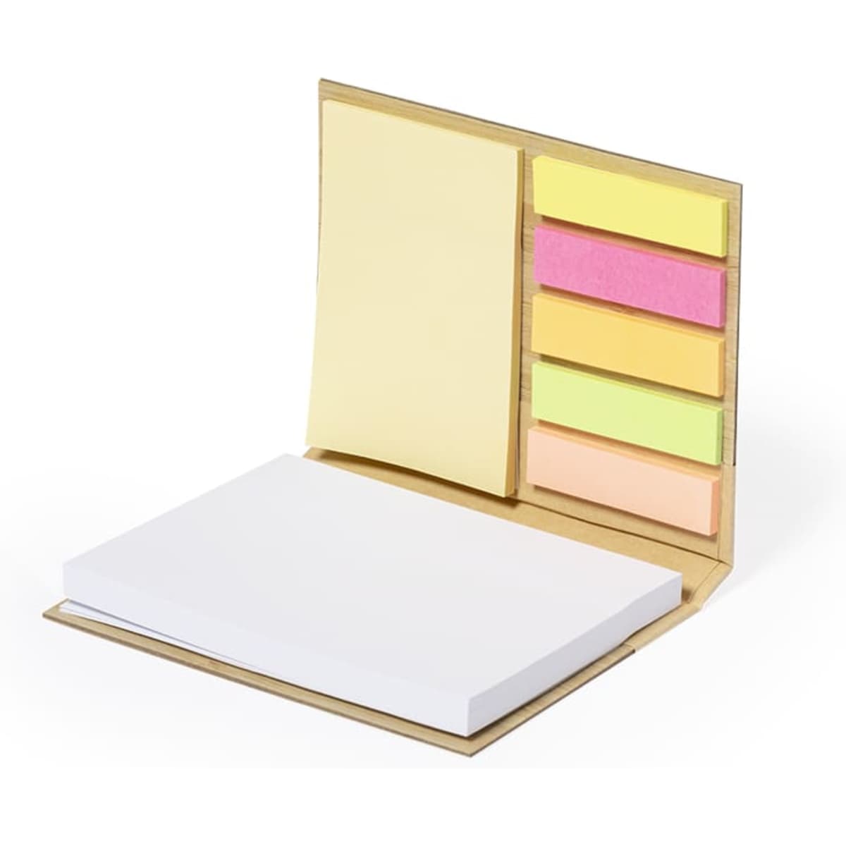 A notebook with a white pad and five coloured sticky notes in yellow, pink, green, and orange. It has a simple design.