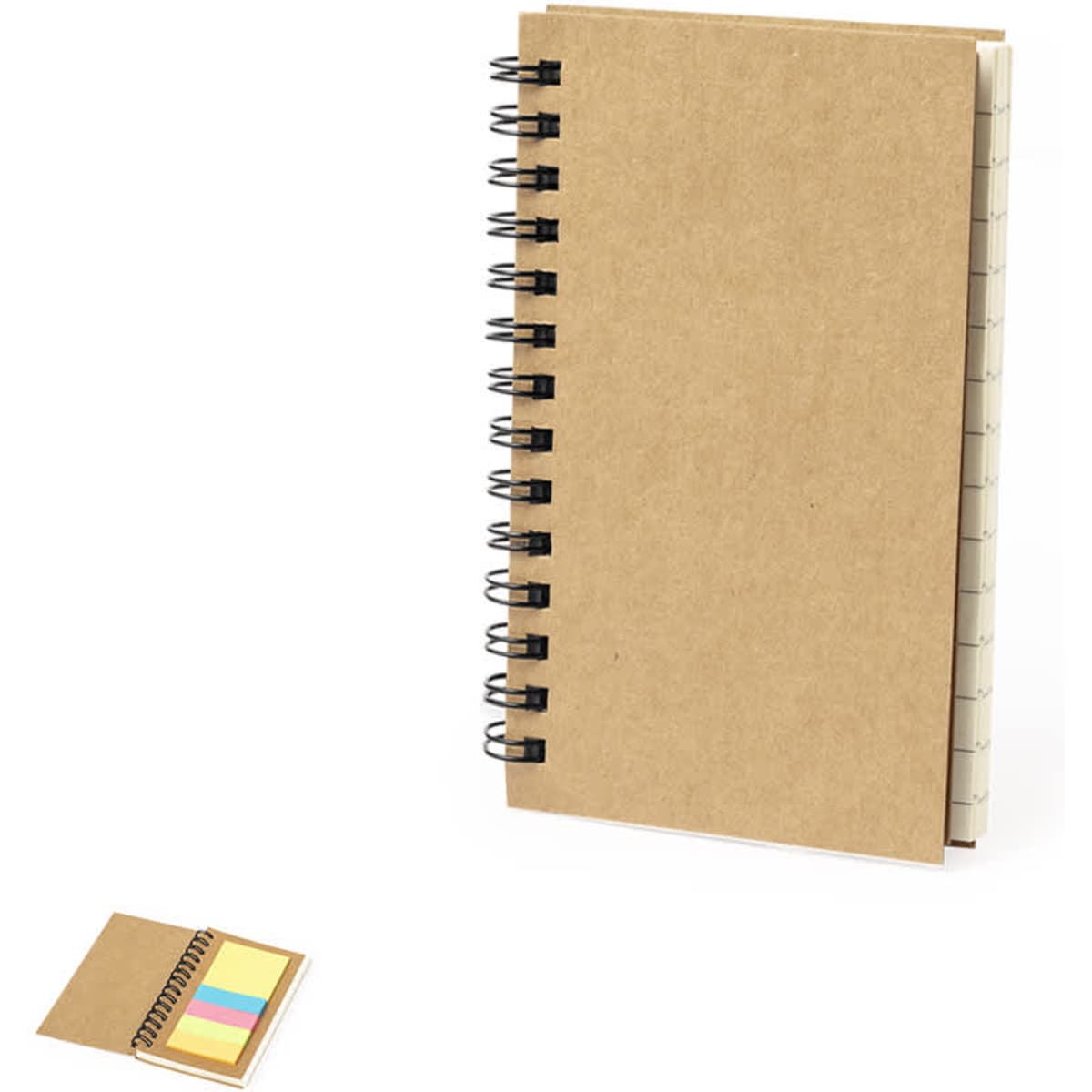A brown spiral-bound notebook with lined pages and a set of sticky notes in various colours.