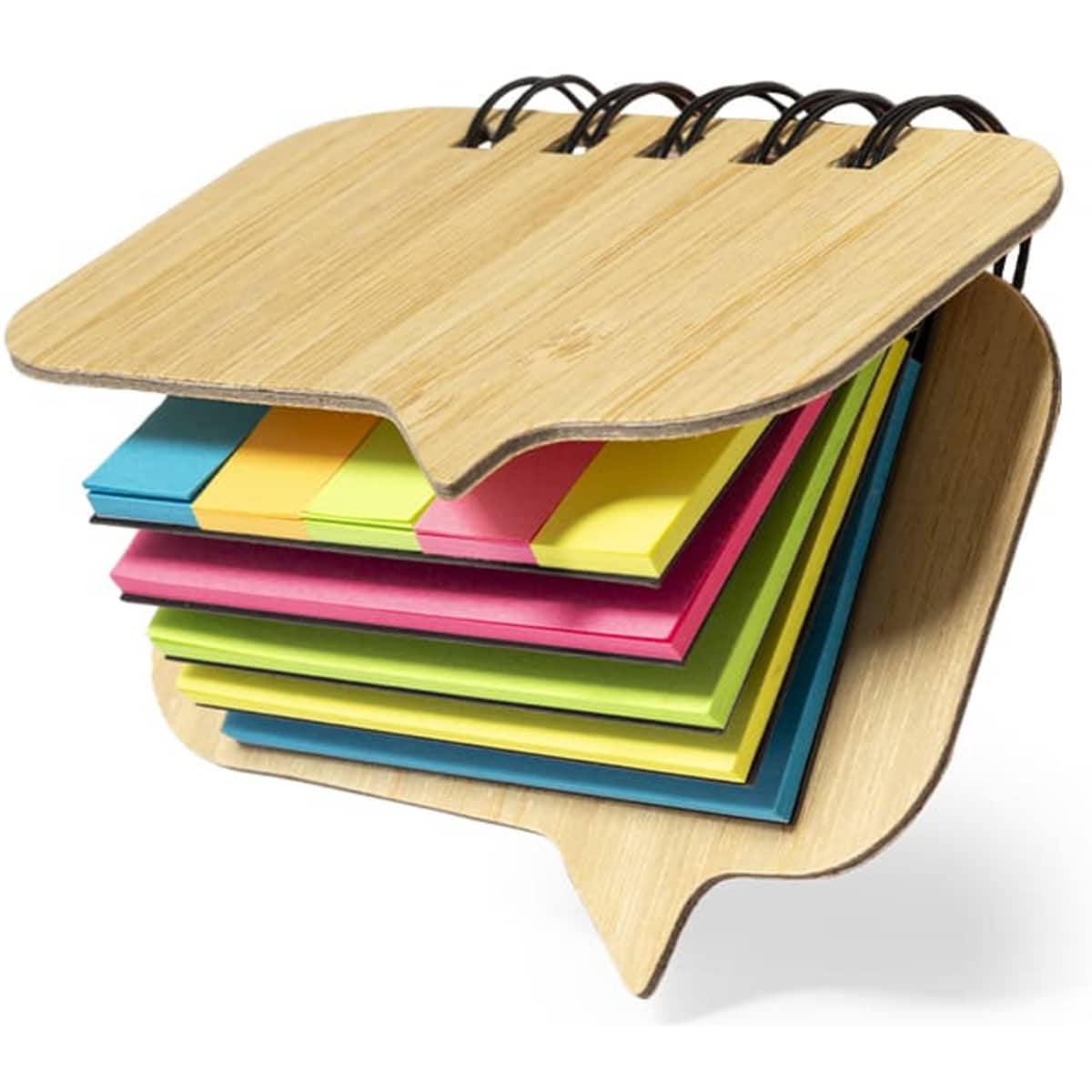 A bamboo notebook with a speech bubble design, featuring vibrant sticky notes in pink, yellow, green, and blue.