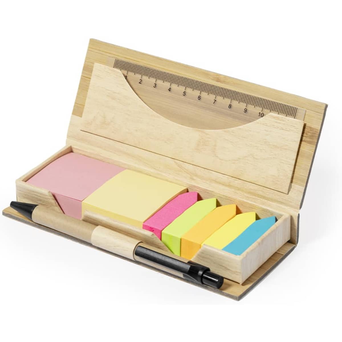 A wooden stationery set featuring sticky notes in pink, yellow, green, and blue, with a pen and ruler included.