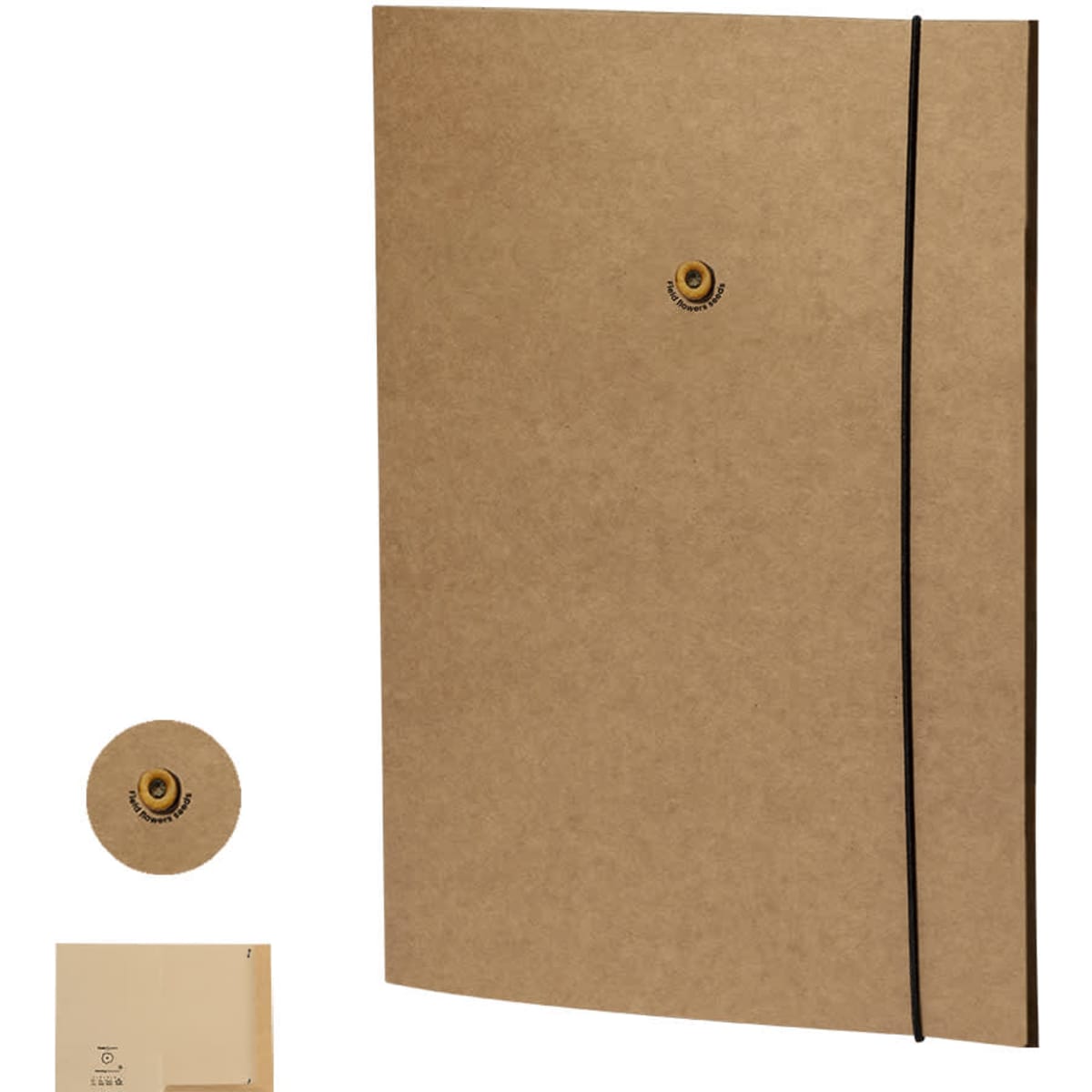 A brown folder with a button closure and a black elastic band for secure fastening. It features minimalistic design elements.