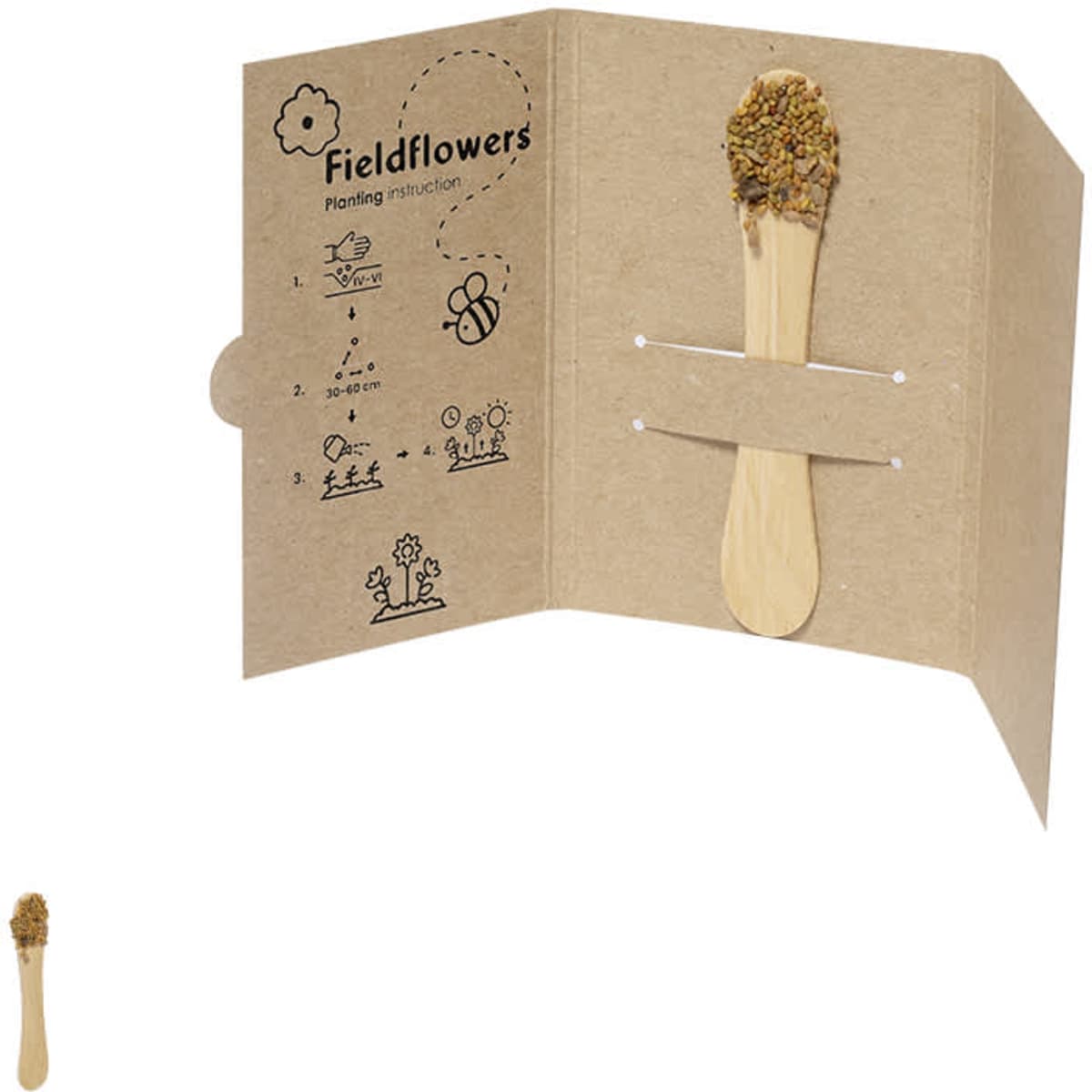 A seed gift set in a brown cardboard packet, featuring a wooden stick holding various seeds with planting instructions.