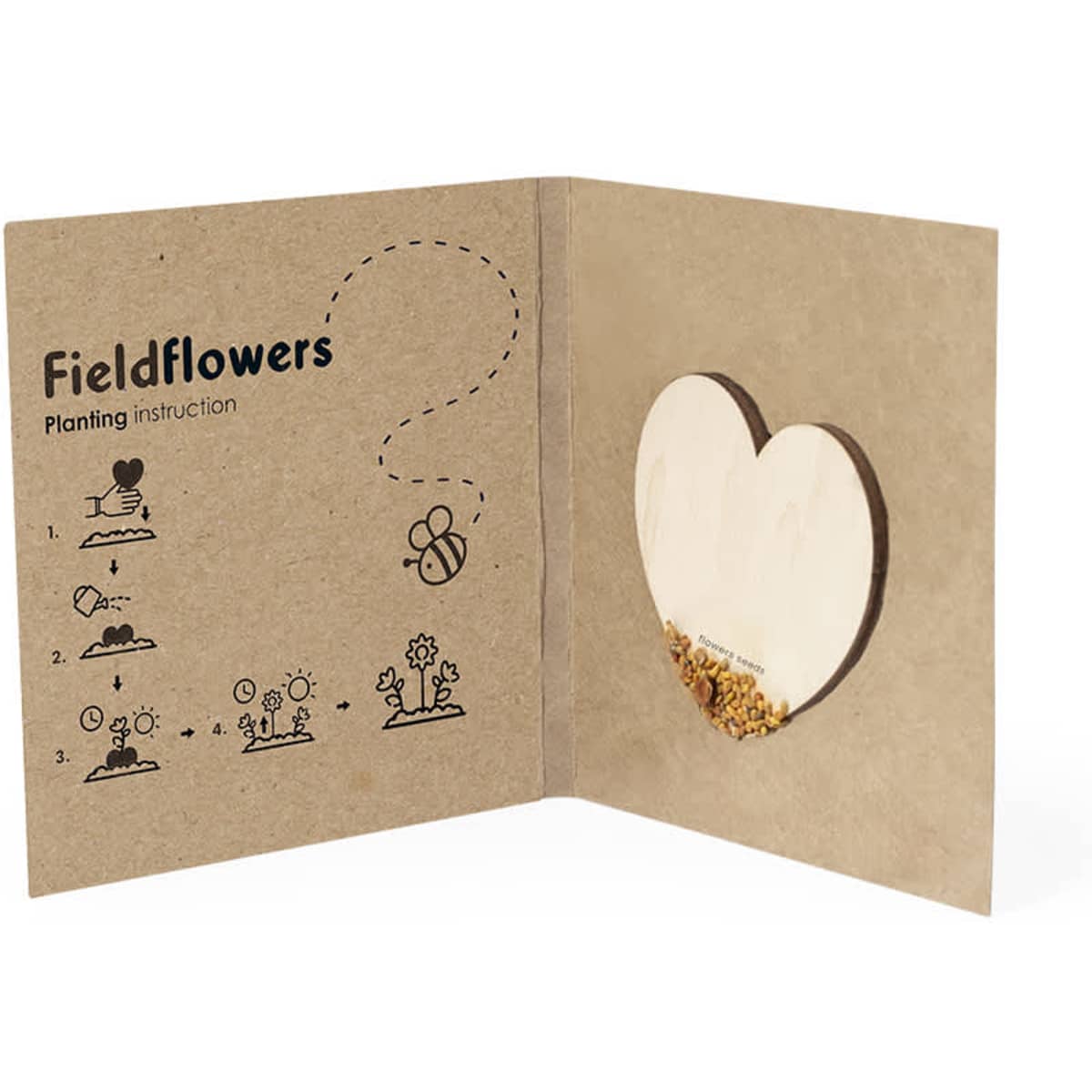A brown paper gift set with heart-shaped seed holder and planting instructions for fieldflowers.
