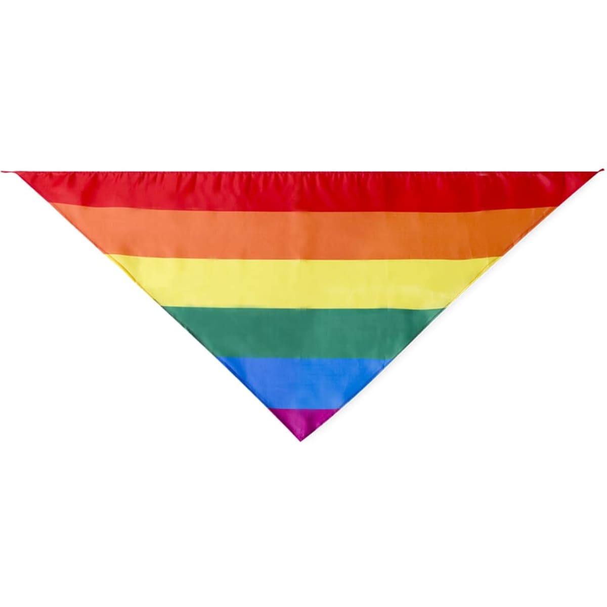 A rainbow bandanna featuring seven horizontal stripes in vibrant colours, with a triangular shape and a logo present.