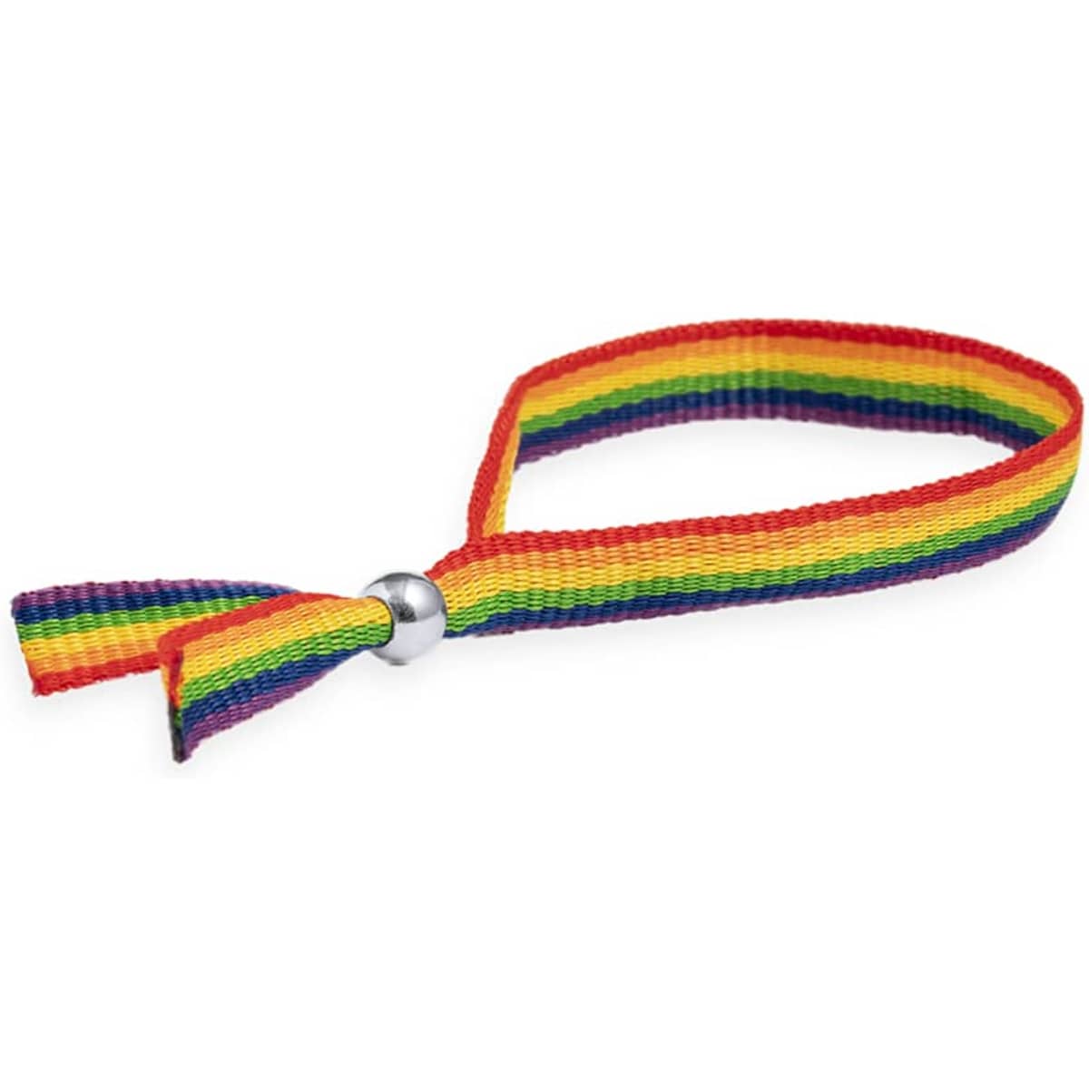 A rainbow-coloured event wristband with a metal clasp, featuring vibrant stripes of red, orange, yellow, green, blue, and purple.
