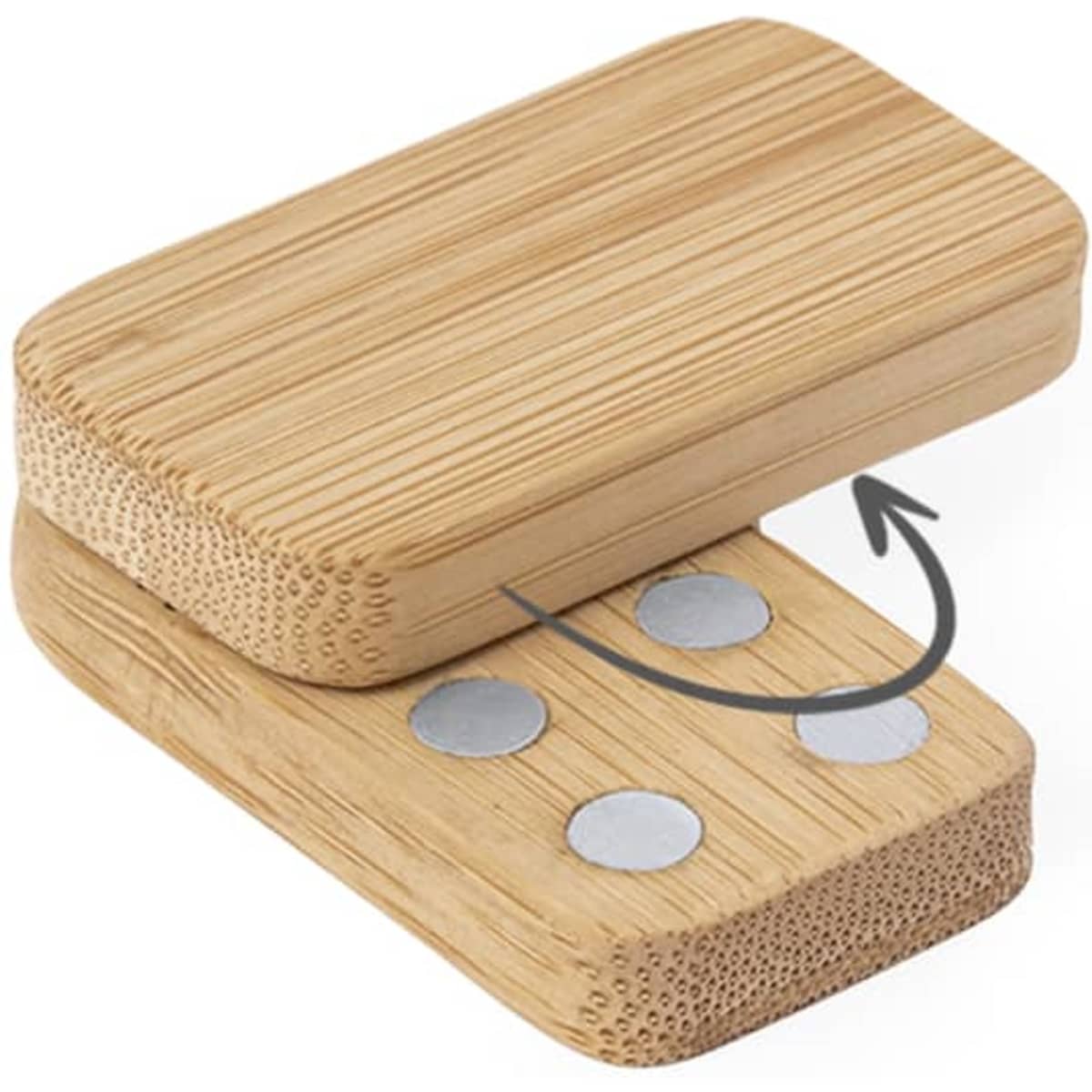 A bamboo stress toy shaped like a domino, featuring smooth edges and metallic accents, perfect for fidgeting.
