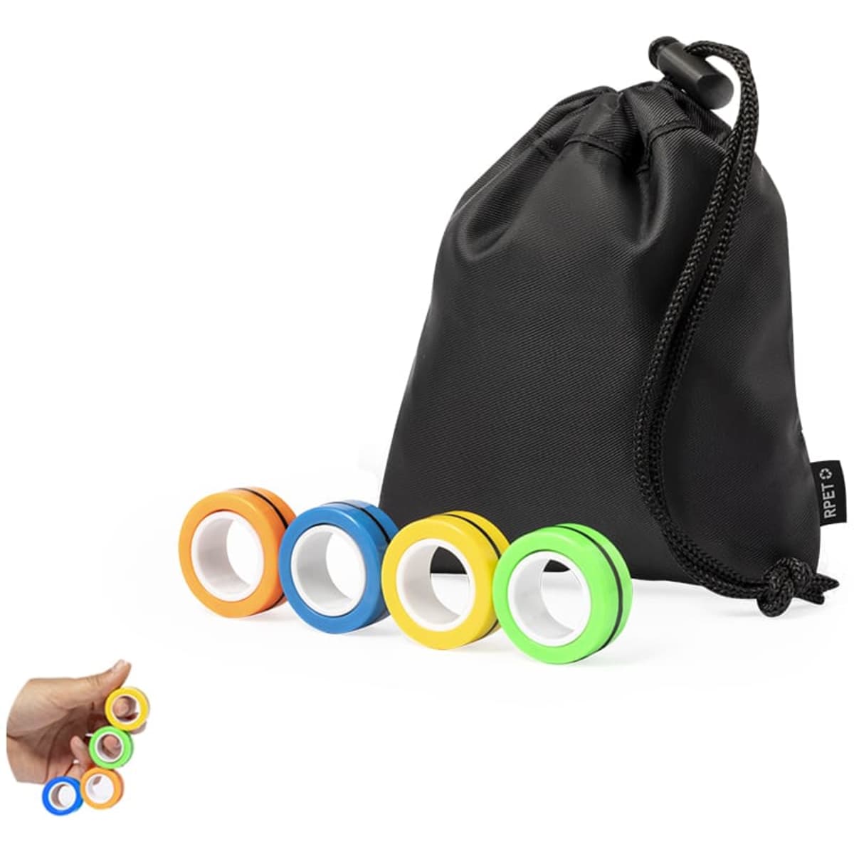 A black drawstring bag containing four colourful rings: orange, blue, green, and yellow.
