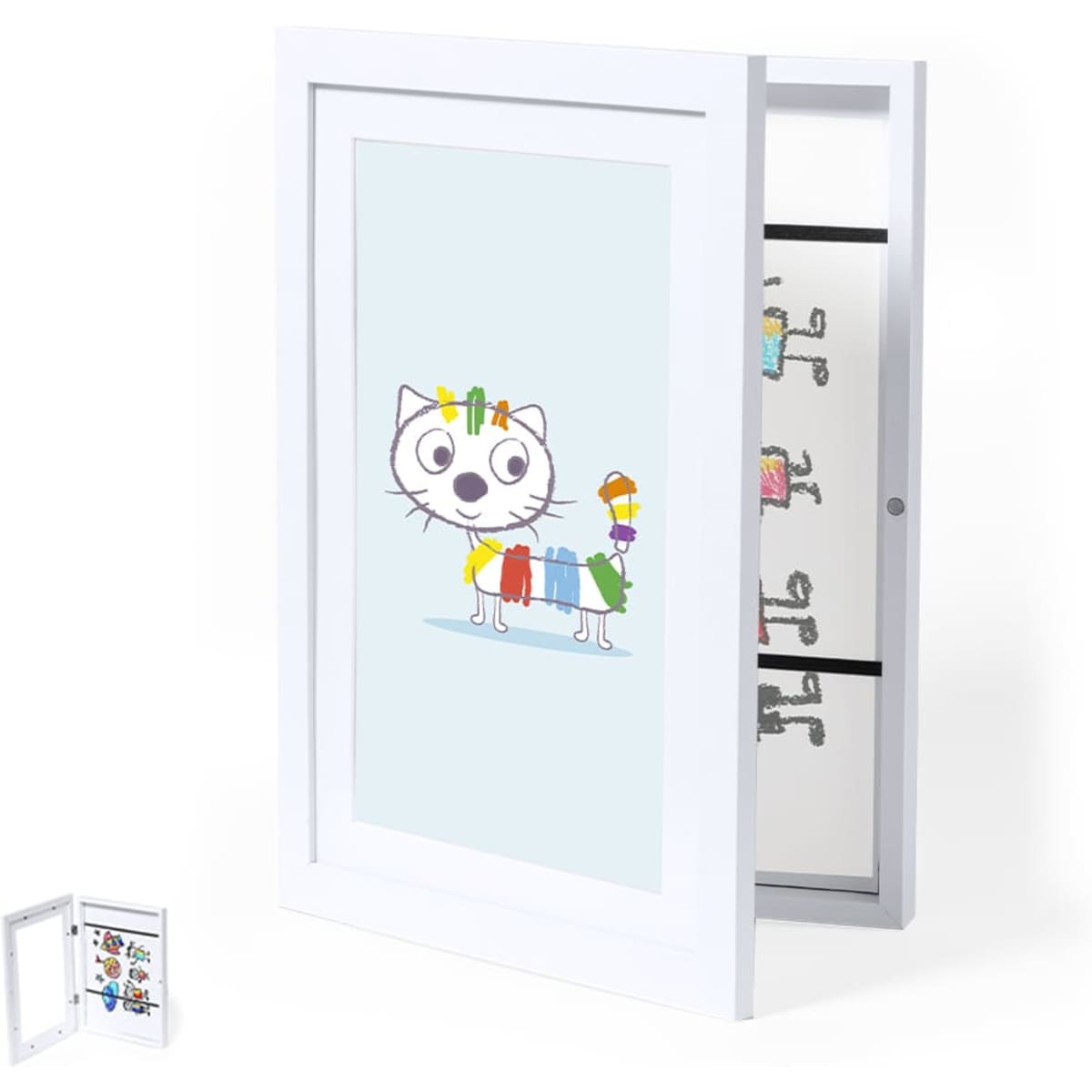 A white picture frame displaying a cartoon cat illustration. The frame is partially open, revealing space for multiple images.
