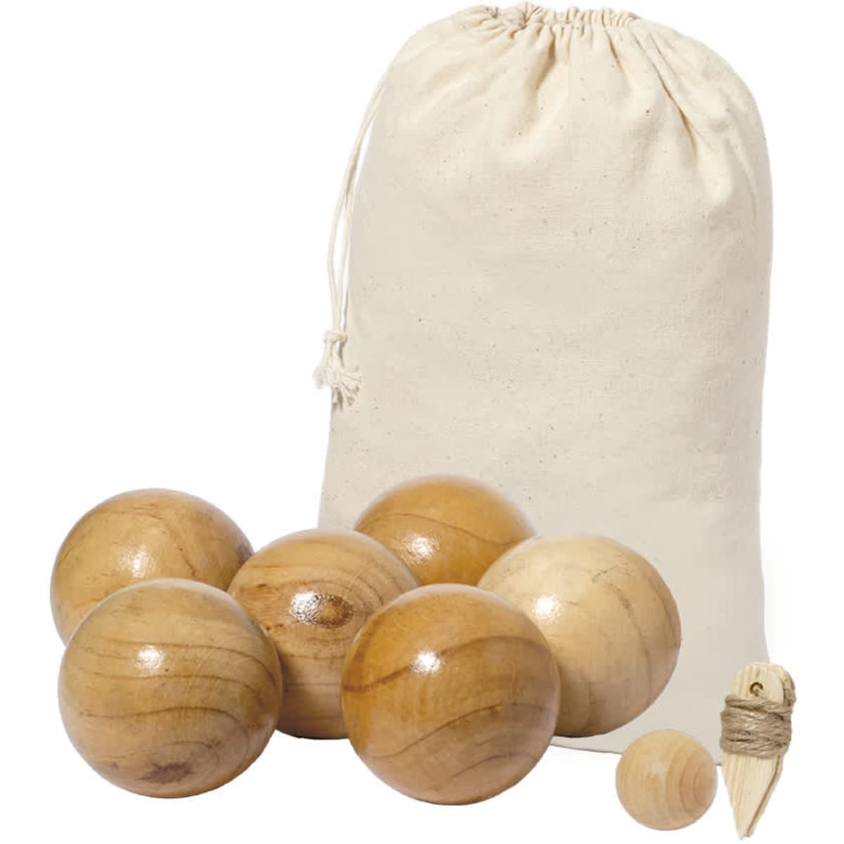 A set of wooden balls in various sizes, packaged in a cotton drawstring bag, with a wooden and twine marker.