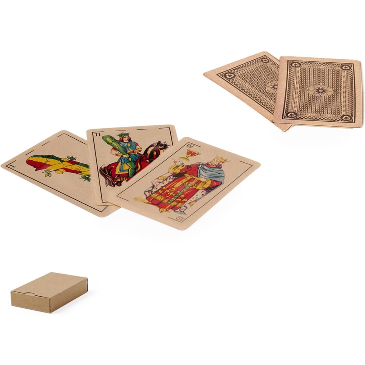 A set of playing cards in a cardboard box, featuring colourful illustrations and a decorative back design.